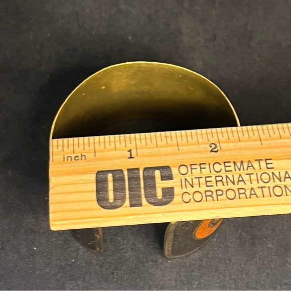 vintage brass cuff bracelet eameled 60s 70 pop design 1.5 inch thick orange red - Picture 8 of 12